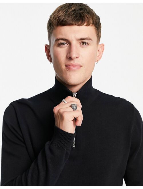 Jack & Jones Essentials quarter zip sweater in black