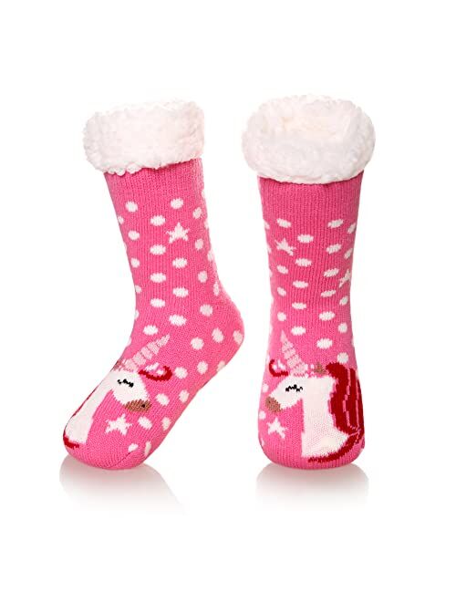 AMENLAN Girls Boys Slipper Socks Soft Warm Fuzzy Plush Fleece Lined Stocking Fluffy Comfy Thick Winter Socks For Child Kids Toddlers