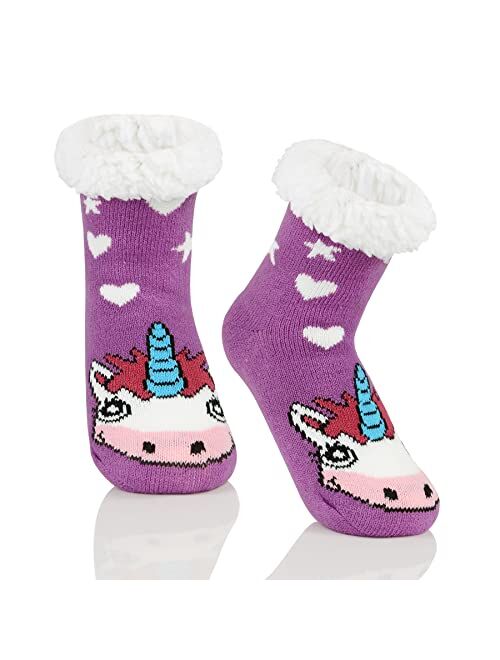 Zando Kids Girls Boys Slipper Socks Christmas Warm Fleece Fuzzy Socks Non-Skid Children Animal Thick Grip Fluffy Socks