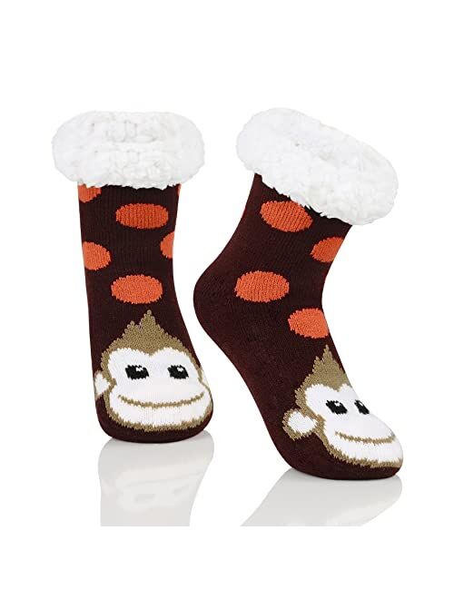 Zando Kids Girls Boys Slipper Socks Christmas Warm Fleece Fuzzy Socks Non-Skid Children Animal Thick Grip Fluffy Socks