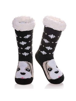 AOXION Kids Boys Girls Christmas Cute Animal Fuzzy Slipper Socks Children Soft Thick Warm Fleece Lined Non-Skid Winter Socks