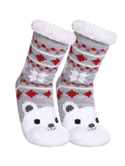 AOXION Kids Boys Girls Christmas Cute Animal Fuzzy Slipper Socks Children Soft Thick Warm Fleece Lined Non-Skid Winter Socks