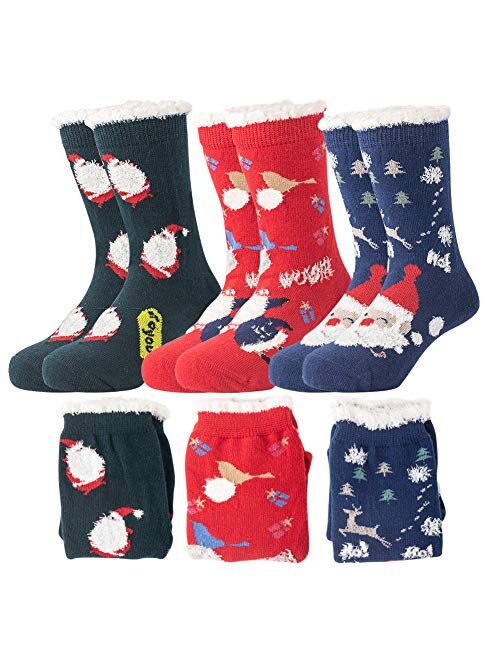 Dejian 3 Pairs Kids Girls Boys Christmas Socks Soft Cotton Christmas Xmas Holiday Cozy Fuzzy Crew Socks with Gift Box