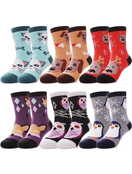 FNOVCO Children's Winter Warm Wool Socks Kids Boys Girls Animal Socks 6 Pairs