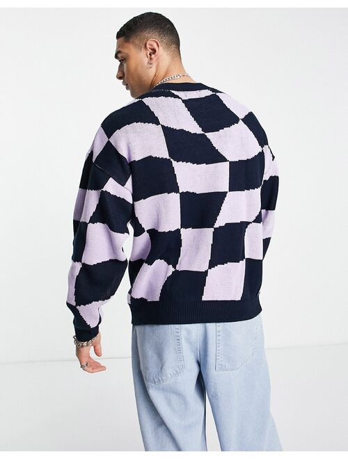 Topman oversized knitted sweater with warped checkerboard in navy and lilac