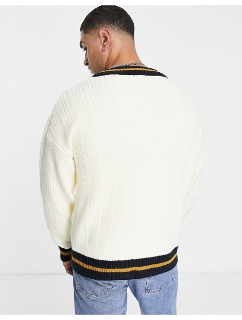 Topman cable knit v-neck sweater with tipping in ecru