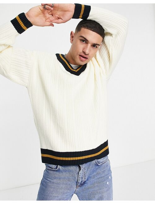 Topman cable knit v-neck sweater with tipping in ecru