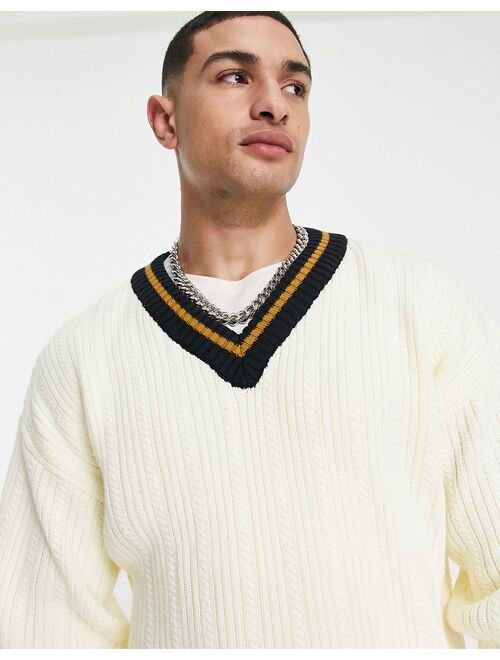 Topman cable knit v-neck sweater with tipping in ecru