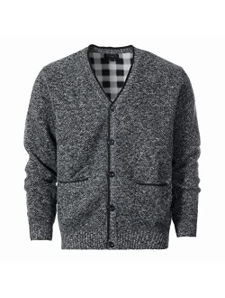 Men's Knitted V-Neck Button Down Cardigan Sweater with Flannel Lining and Pockets