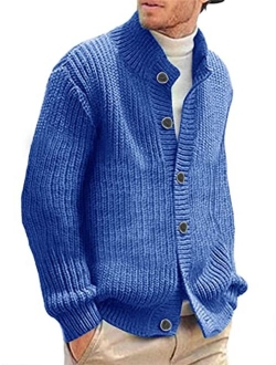 Hestenve Mens Cardigan Sweater Stand Collar Button Down Color Block Cable Knitted Chunky Cardigans