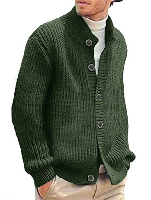 Hestenve Mens Cardigan Sweater Stand Collar Button Down Color Block Cable Knitted Chunky Cardigans