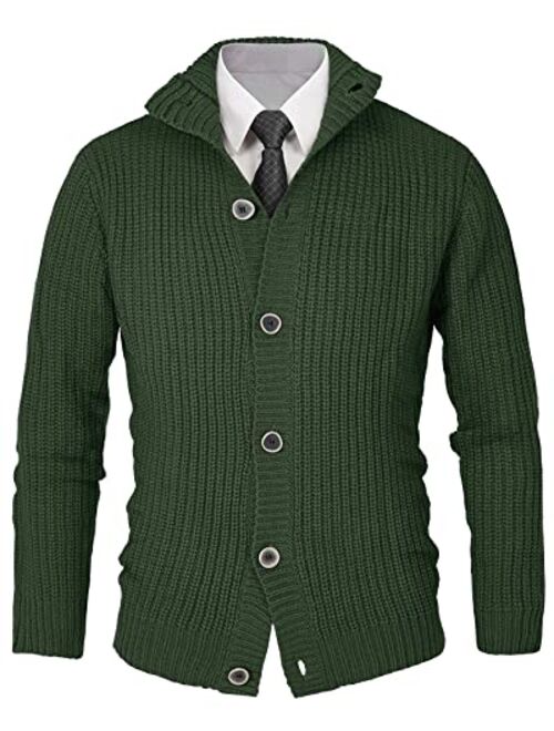 Hestenve Mens Cardigan Sweater Stand Collar Button Down Color Block Cable Knitted Chunky Cardigans