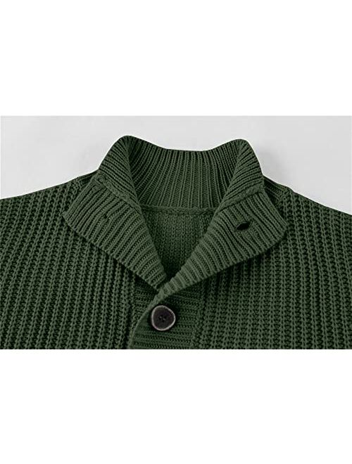 Hestenve Mens Cardigan Sweater Stand Collar Button Down Color Block Cable Knitted Chunky Cardigans