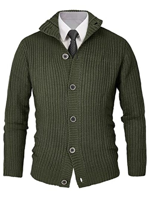 Hestenve Mens Cardigan Sweater Stand Collar Button Down Color Block Cable Knitted Chunky Cardigans