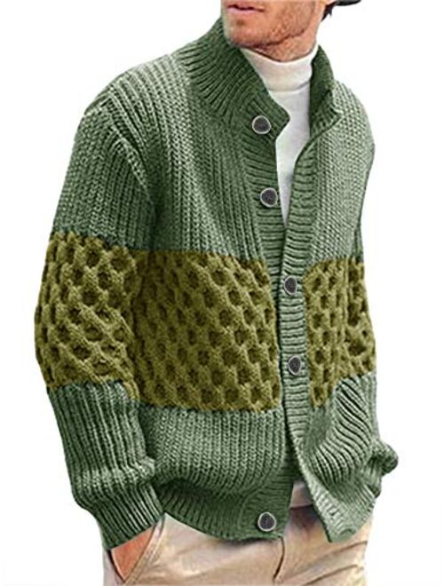 Hestenve Mens Cardigan Sweater Stand Collar Button Down Color Block Cable Knitted Chunky Cardigans