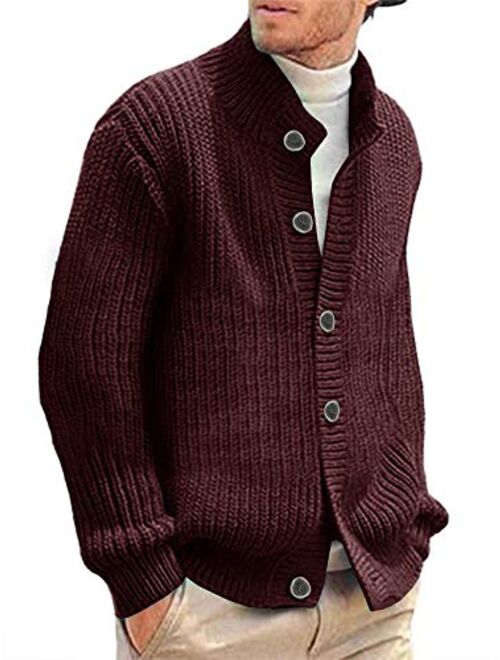 Hestenve Mens Cardigan Sweater Stand Collar Button Down Color Block Cable Knitted Chunky Cardigans