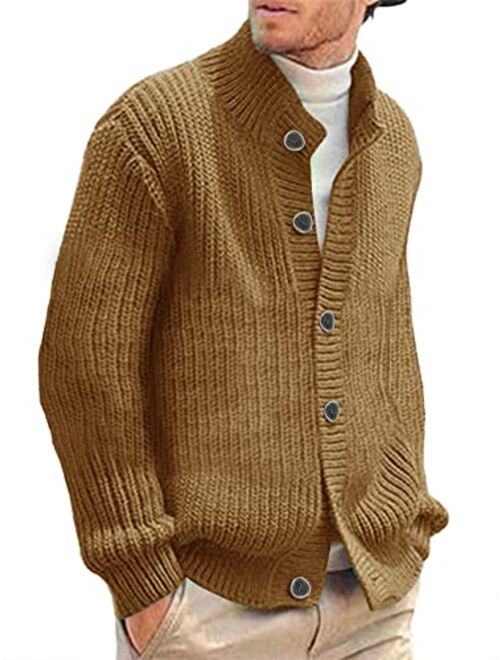 Hestenve Mens Cardigan Sweater Stand Collar Button Down Color Block Cable Knitted Chunky Cardigans