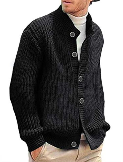 Hestenve Mens Cardigan Sweater Stand Collar Button Down Color Block Cable Knitted Chunky Cardigans