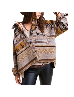 AMEBELLE Womens Aztec Print Shacket Vintage Fringed Wool Blend Shirt Jacket Coat