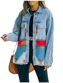 AMEBELLE Womens Aztec Print Shacket Vintage Fringed Wool Blend Shirt Jacket Coat