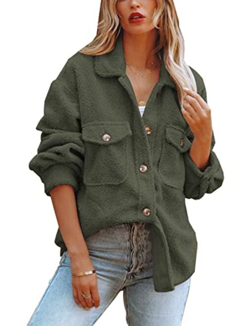 ReachMe Womens Sherpa Fleece Jacket Button Down Shirt Jacket Long Sleeve Shacket with Pockets Lapel Coat