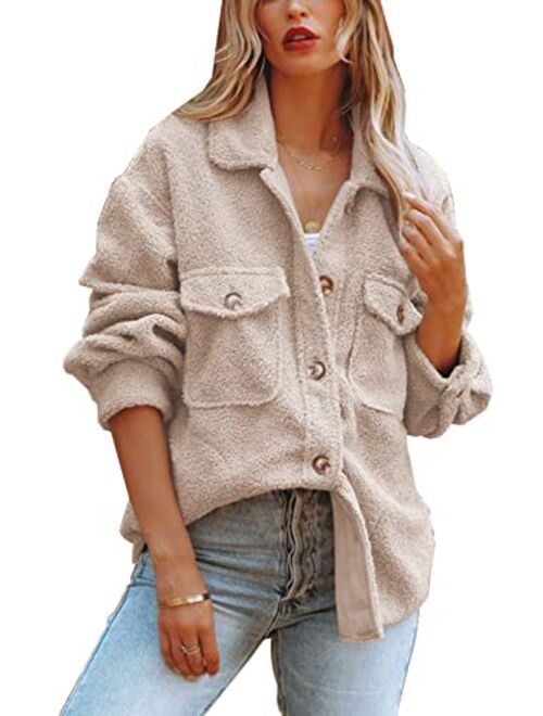 ReachMe Womens Sherpa Fleece Jacket Button Down Shirt Jacket Long Sleeve Shacket with Pockets Lapel Coat