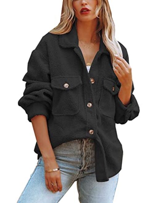 ReachMe Womens Sherpa Fleece Jacket Button Down Shirt Jacket Long Sleeve Shacket with Pockets Lapel Coat