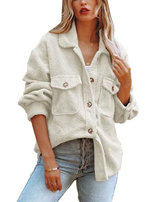 ReachMe Womens Sherpa Fleece Jacket Button Down Shirt Jacket Long Sleeve Shacket with Pockets Lapel Coat