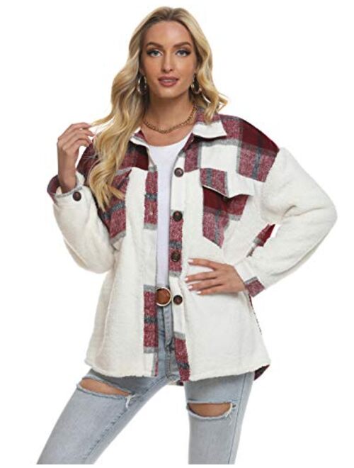 UANEO Womens Plaid Sherpa Fleece Button Down Long Sleeve Shirt Jackets Shackets