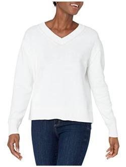 Amazon Brand - Women's 100% Cotton Oversized Fit V-Neck Pullover Sweater