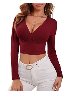 GEESENSS Women's Deep V Neck Long Sleeve Ribbed Knit Slim Fit Wrap Shirts Crop Tops