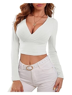 GEESENSS Women's Deep V Neck Long Sleeve Ribbed Knit Slim Fit Wrap Shirts Crop Tops