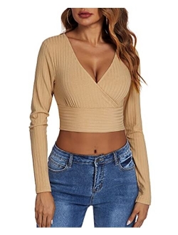 GEESENSS Women's Deep V Neck Long Sleeve Ribbed Knit Slim Fit Wrap Shirts Crop Tops