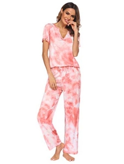 Womens Pajamas Set Long Sleeve Sleepwear with Long Pants Soft Loungewear Sets V-neck Pjs Set with Pockets S-XXL