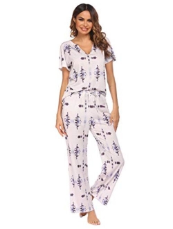 Womens Pajamas Set Long Sleeve Sleepwear with Long Pants Soft Loungewear Sets V-neck Pjs Set with Pockets S-XXL