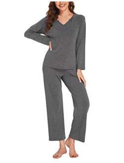 Womens Pajamas Set Long Sleeve Sleepwear with Long Pants Soft Loungewear Sets V-neck Pjs Set with Pockets S-XXL