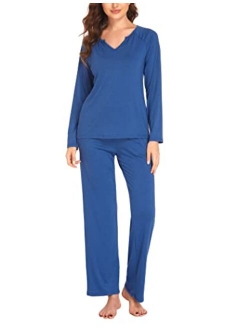 Womens Pajamas Set Long Sleeve Sleepwear with Long Pants Soft Loungewear Sets V-neck Pjs Set with Pockets S-XXL