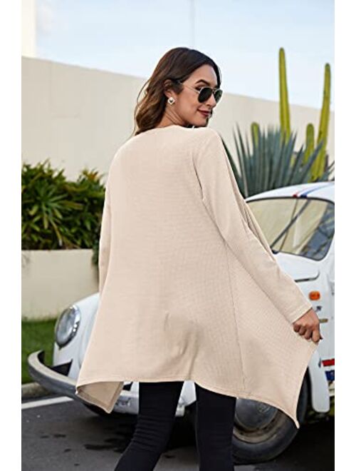 Chigant Women's Waffle Long Knited Cardigans Ruffle Drapes Lightweight Open Front Long Sleeve Sweaters Soft Coat