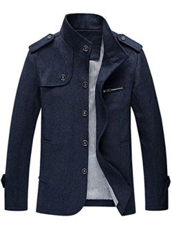 Men's Military Stylish Single Breasted Natural Fit Stripe Lined Wool Pea Coats