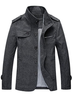 Men's Military Stylish Single Breasted Natural Fit Stripe Lined Wool Pea Coats