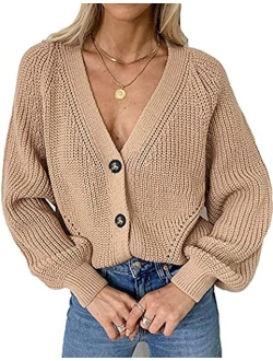 Chigant Women Button Down Cardigans Long Sleeve Cable Knit Sweater V-Neck Open Front Outwear Coat Winter S-XXL