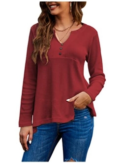 GEESENSS Women's Waffle Knit Henley Shirt V Neck Button Up Tunic Tops Long Sleeve Swing Flowy Shirts