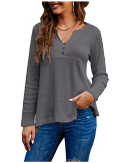 GEESENSS Women's Waffle Knit Henley Shirt V Neck Button Up Tunic Tops Long Sleeve Swing Flowy Shirts