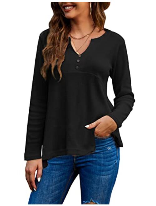 GEESENSS Women's Waffle Knit Henley Shirt V Neck Button Up Tunic Tops Long Sleeve Swing Flowy Shirts