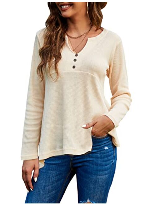 GEESENSS Women's Waffle Knit Henley Shirt V Neck Button Up Tunic Tops Long Sleeve Swing Flowy Shirts