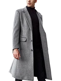 Men's Fall Winter Office Single Breasted Long Dress Wool Coat Overcoat