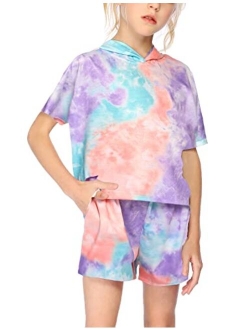 Girls Tie Dye Two Piece Outfit Short Sleeve Pullover Crop Tops and Short Pants Sweatsuits Tracksuits