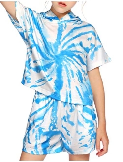 Girls Tie Dye Two Piece Outfit Short Sleeve Pullover Crop Tops and Short Pants Sweatsuits Tracksuits