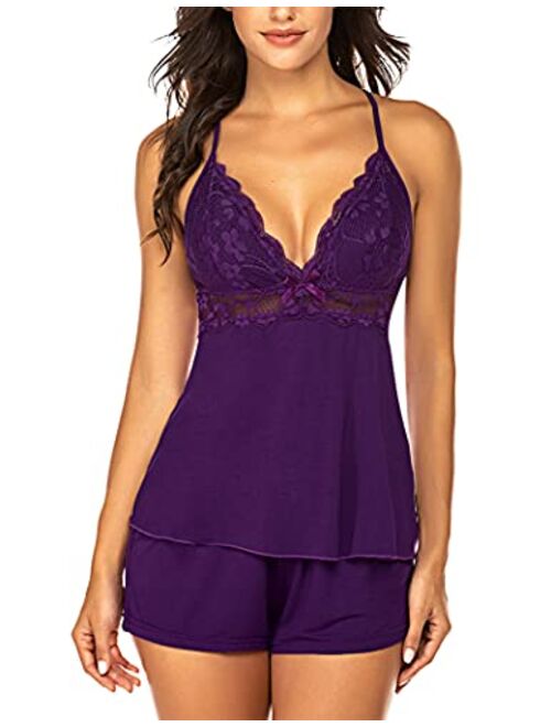 ADOME Sleepwear Lace Sexy for Women Camisole Sets Lingerie Nightwear Soft Pajamas Set Shorts Set