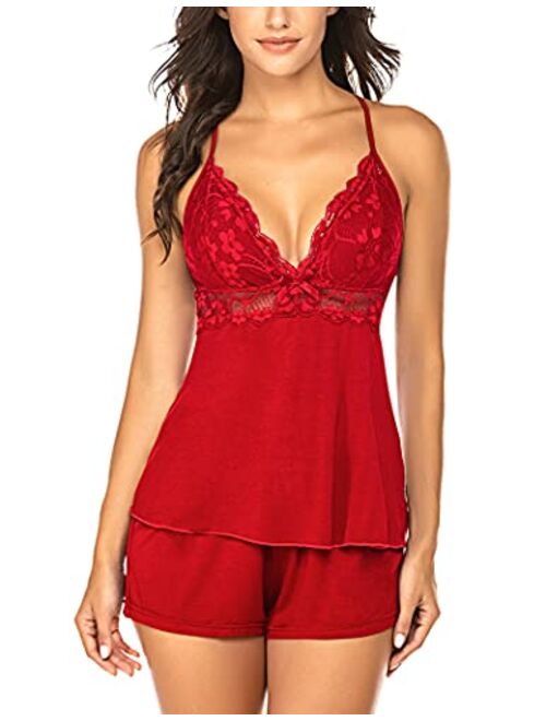 ADOME Sleepwear Lace Sexy for Women Camisole Sets Lingerie Nightwear Soft Pajamas Set Shorts Set